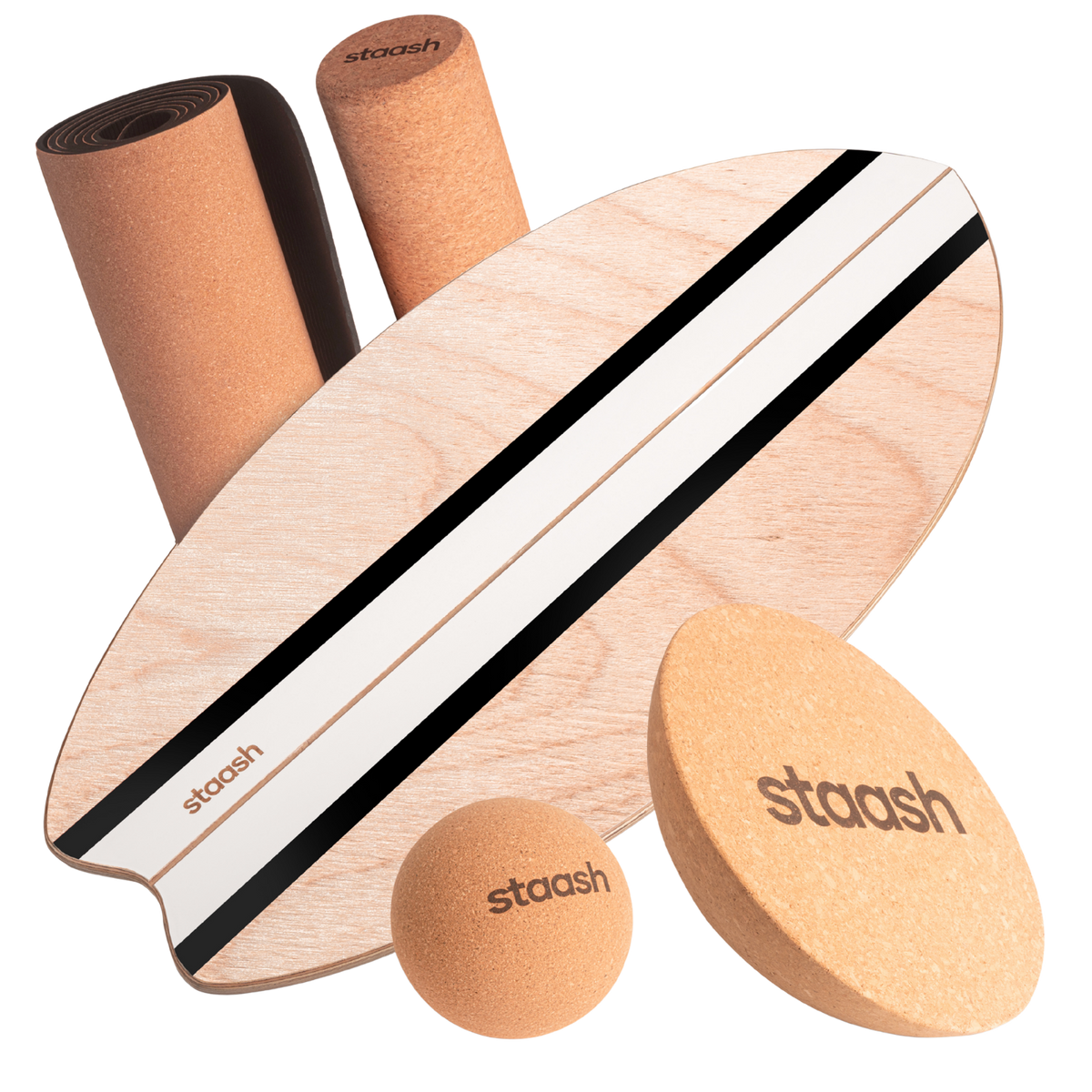 STAASH Balance Board Pro Kit in Black – board, roller, half-sphere, ball & cork mat #color-black