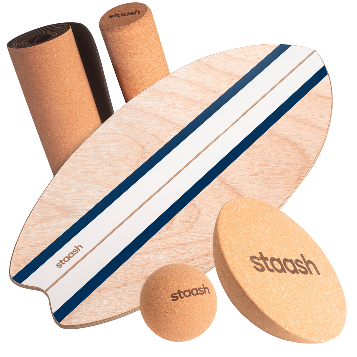 STAASH Balance Board Pro Kit in Navy – board, roller, half-sphere, ball & cork mat #color-navy