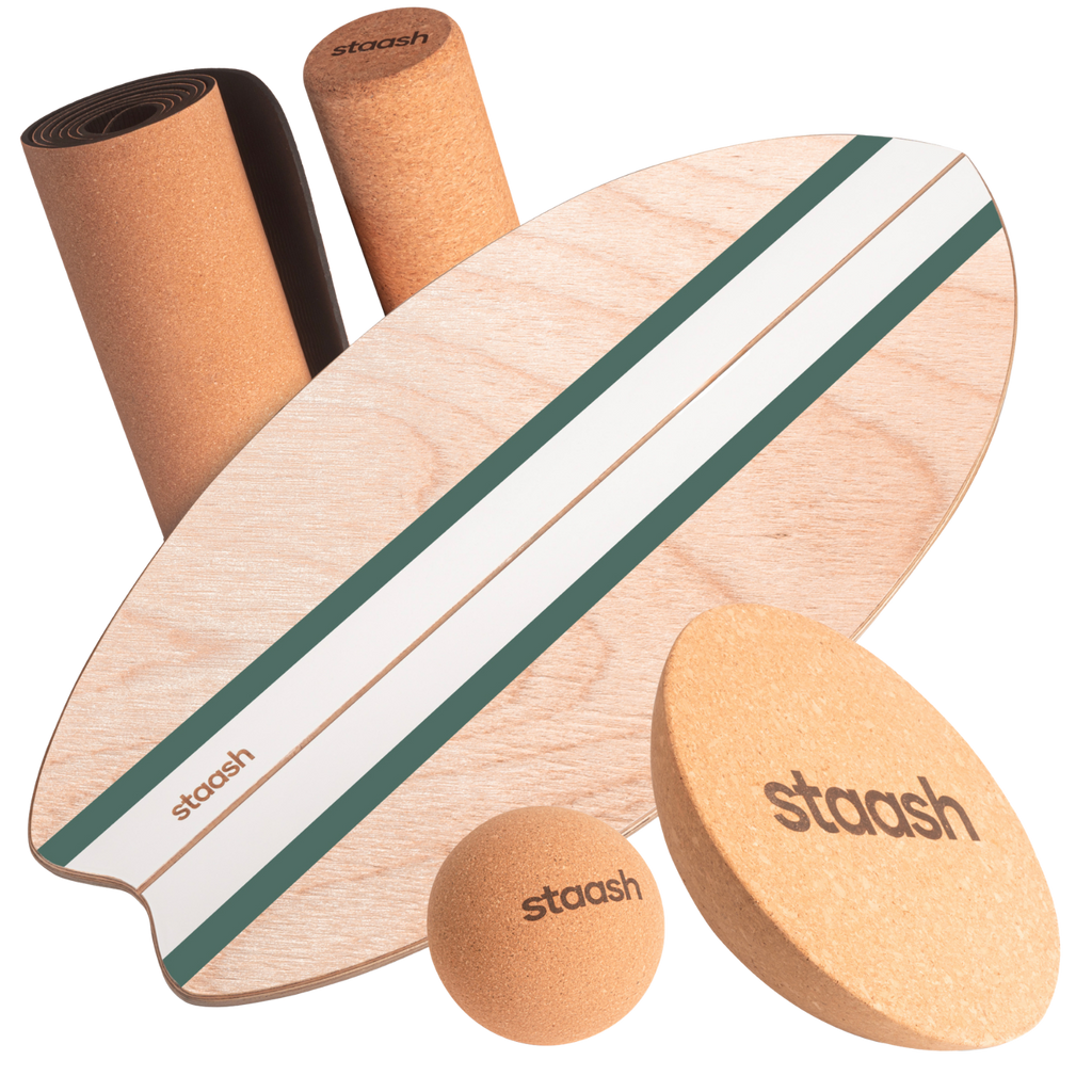 STAASH Balance Board Pro Kit in Green – board, roller, half-sphere, ball & cork mat #color-green