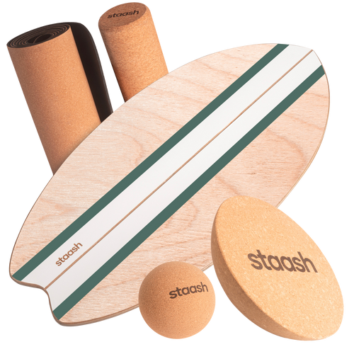 STAASH Balance Board Pro Kit in Green – board, roller, half-sphere, ball & cork mat #color-green