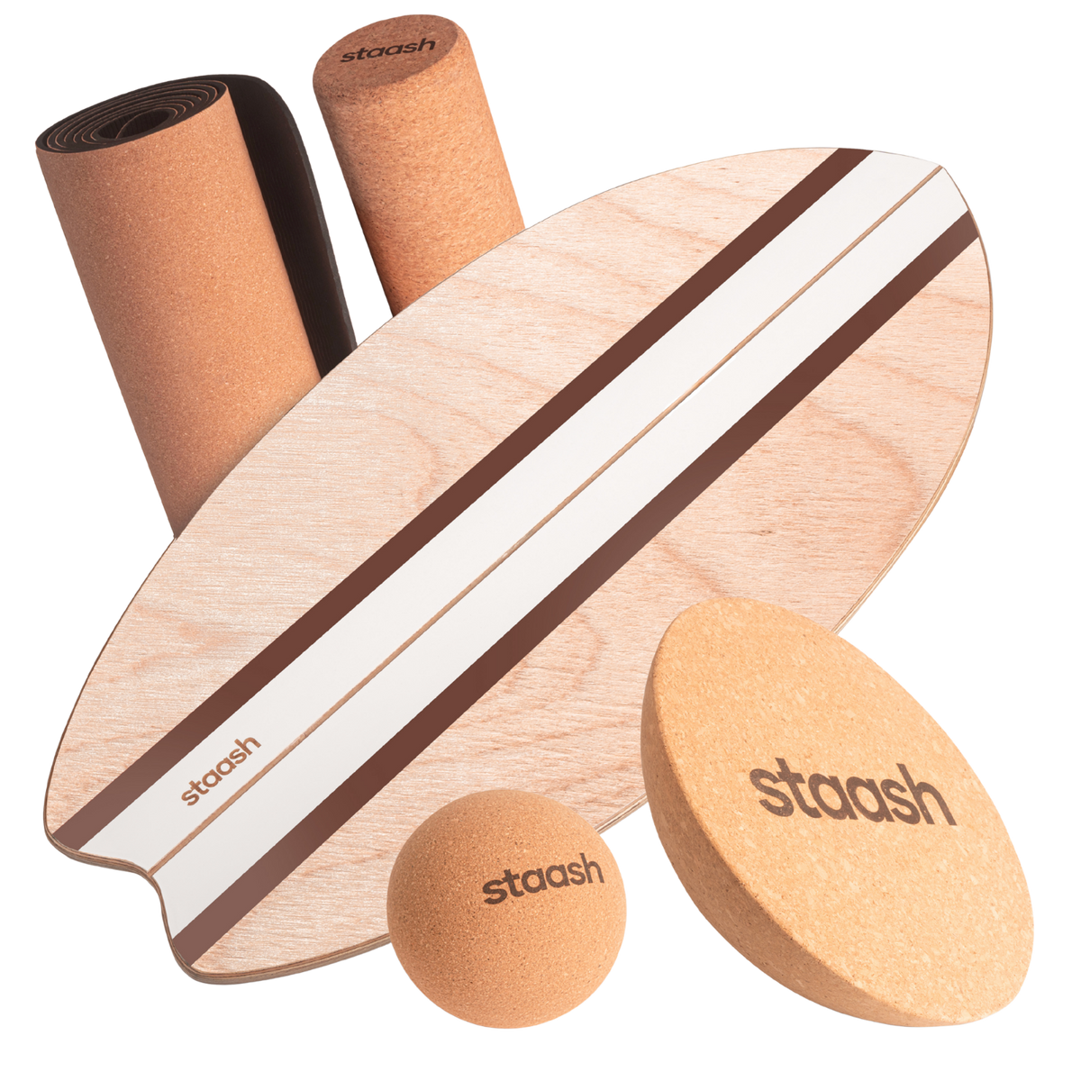 STAASH Balance Board Pro Kit in Cacao – board, roller, half-sphere, ball & cork mat #color-cacao