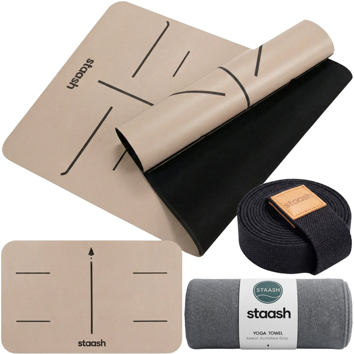 STAASH Yoga Mat Set in Latte – non-slip mat, knee pad, towel and carry strap #color-coffee-brown