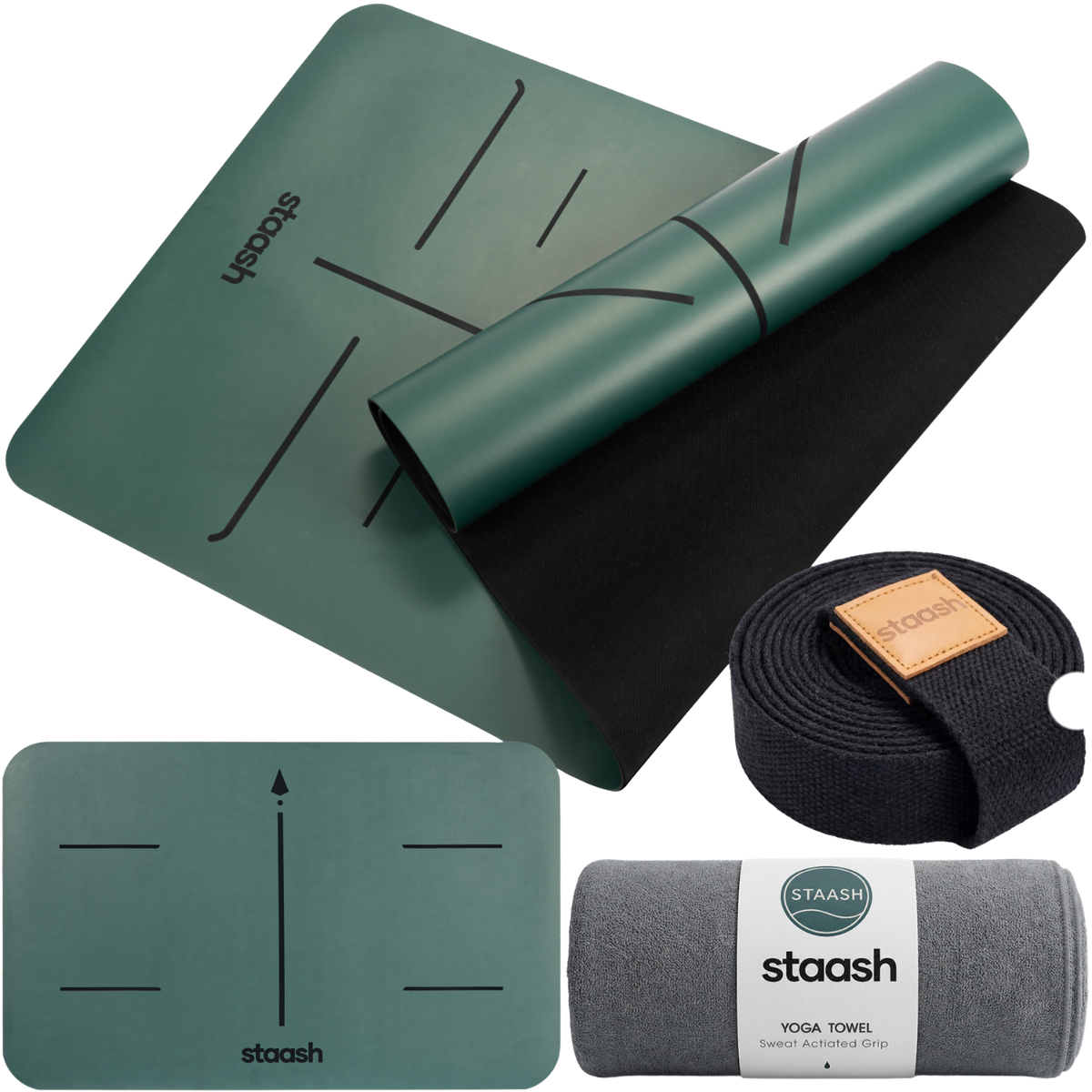 STAASH Yoga Pro Kit in Forest Green – non-slip mat, knee pad, towel and carry strap #color-sage-green