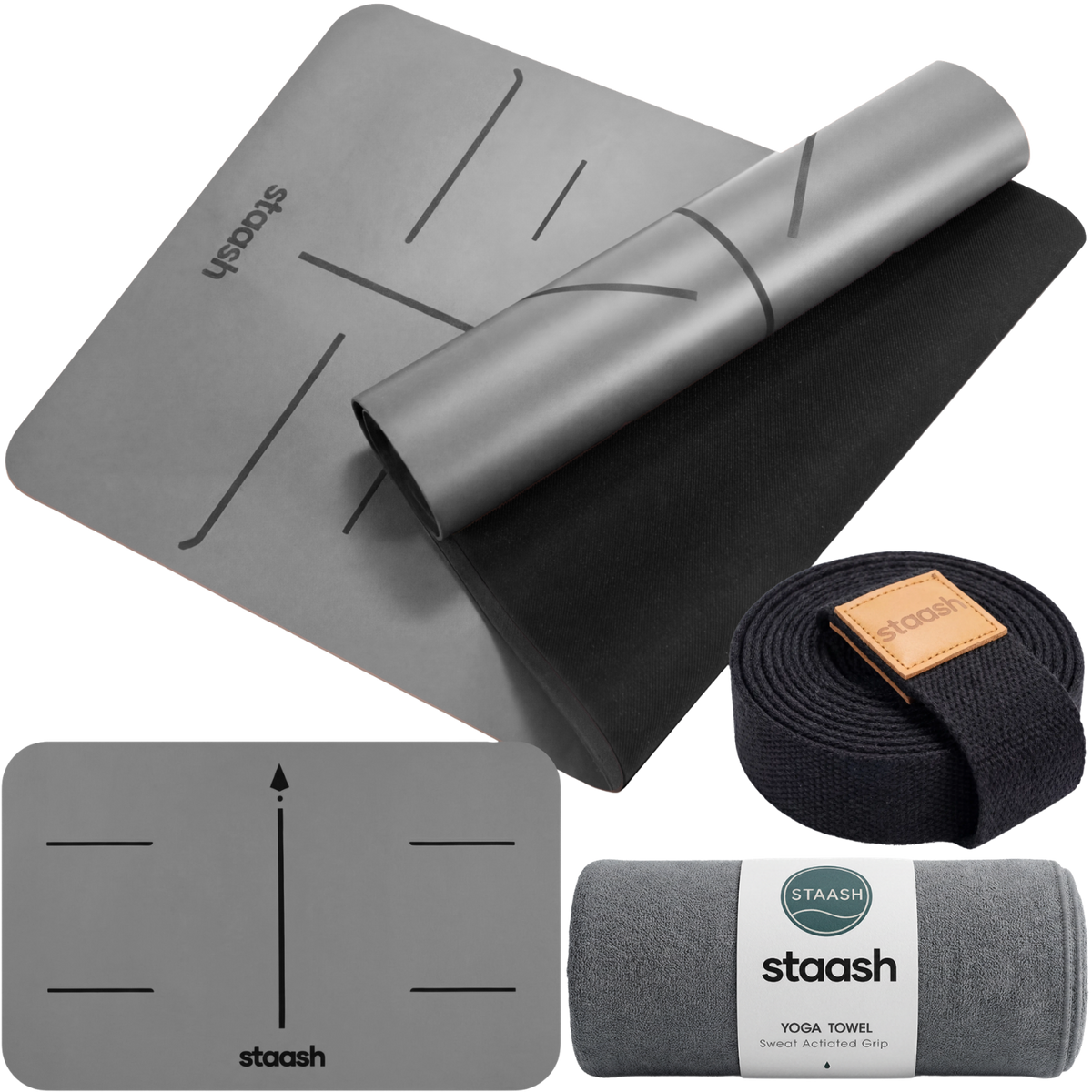 STAASH Yoga Pro Kit in Stone Grey – non-slip mat, knee pad, towel and carry strap #color-stone-grey