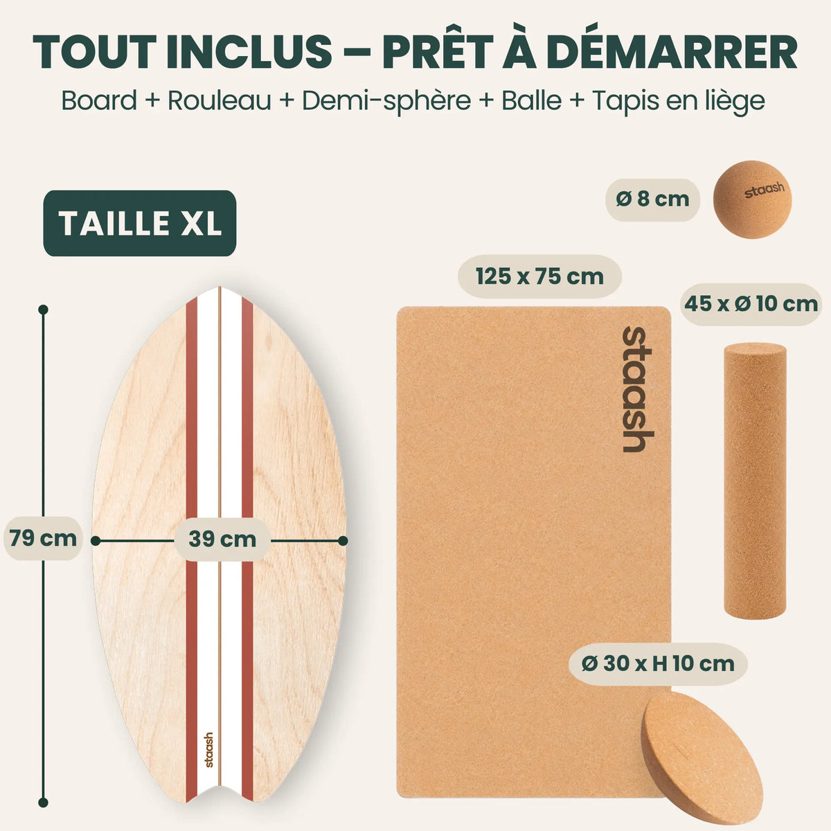 Tout inclus – board, rouleau, demi-sphère, balle et tapis en liège, taille XL 79 × 39 cm #locale-fr #color-terracotta