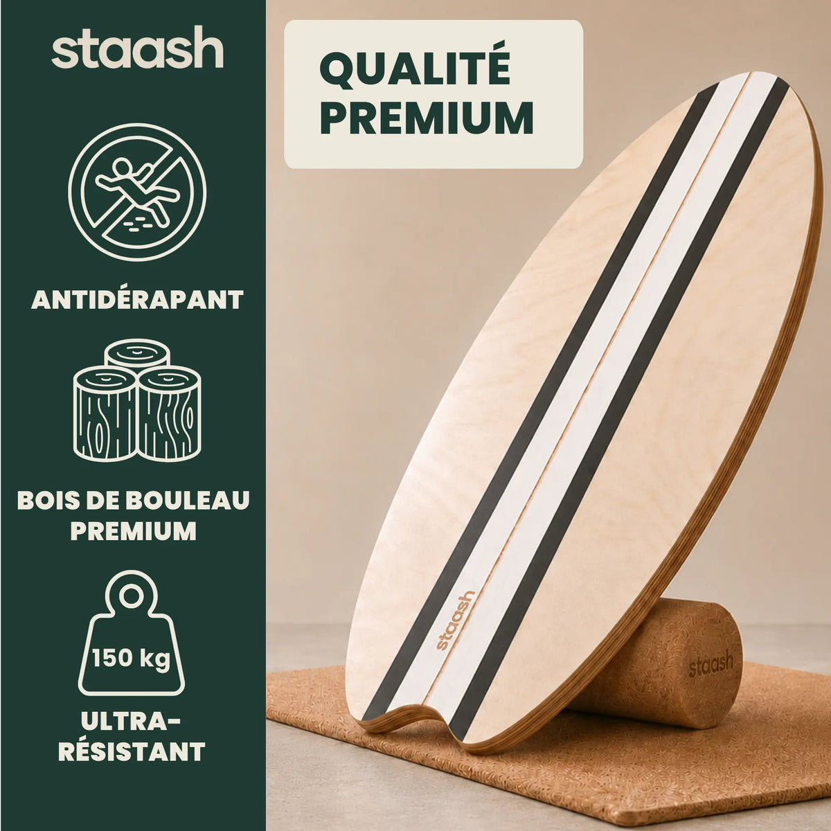Qualité premium – balance board STAASH en bouleau antidérapant, ultra-résistant jusqu'à 150 kg #locale-fr #color-black