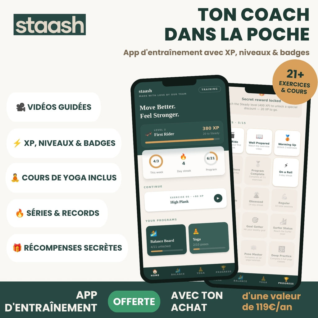 Ton coach dans la poche – appli d'entraînement STAASH Premium offerte avec ton achat, 21+ exercices, XP et niveaux, valeur 119 €/an #locale-fr