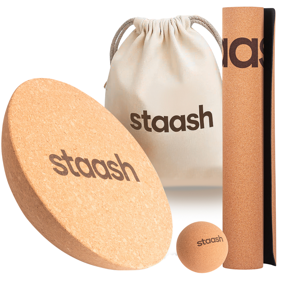 STAASH cork balance disc kit – 30 cm disc, massage ball, mini mat and carry bag