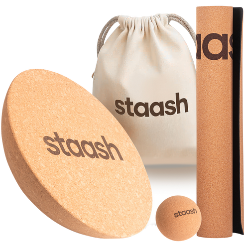 STAASH cork balance disc kit – 30 cm disc, massage ball, mini mat and carry bag