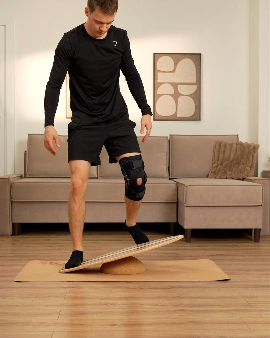 Man training slowly on a STAASH balance board placed on the cork half-sphere at home