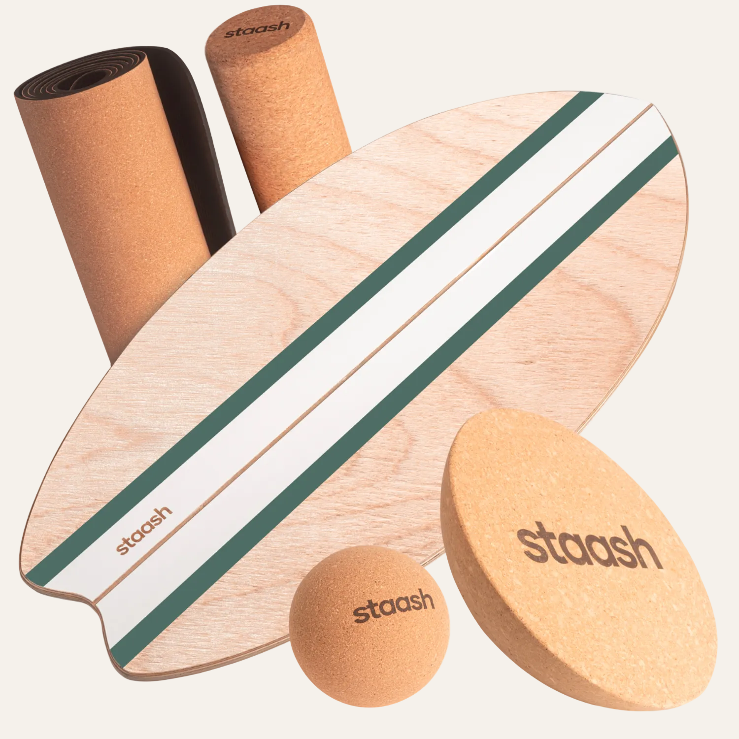 STAASH cork balance board with cork roller, balance disc and massage ball for fitness training