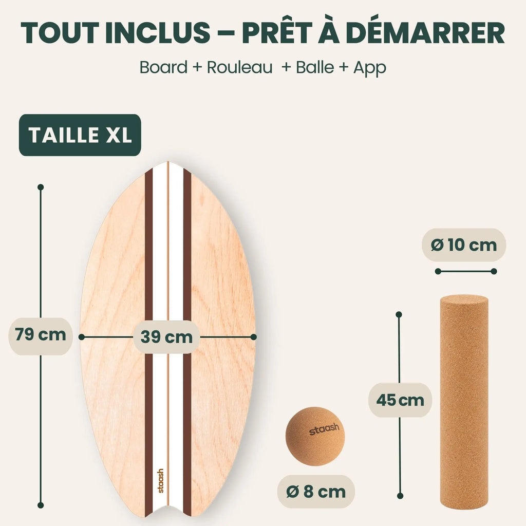 Tout inclus – balance board, rouleau en liège, balle et appli, taille XL 79 × 39 cm #locale-fr #color-cacao