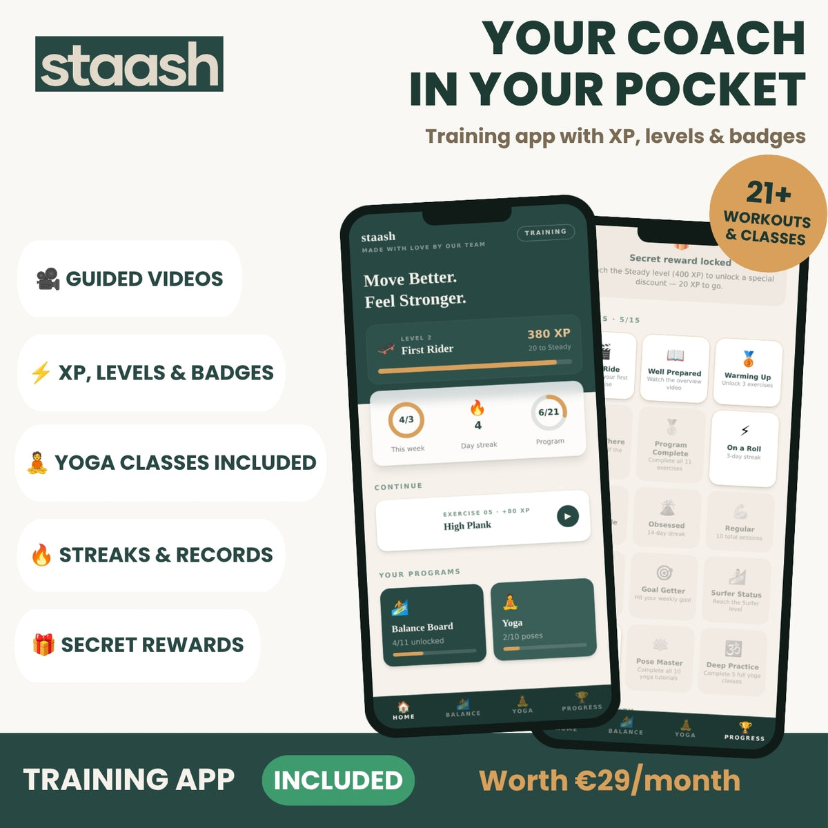 Your coach in your pocket – free STAASH training app with 21+ workouts, XP and levels #locale-en