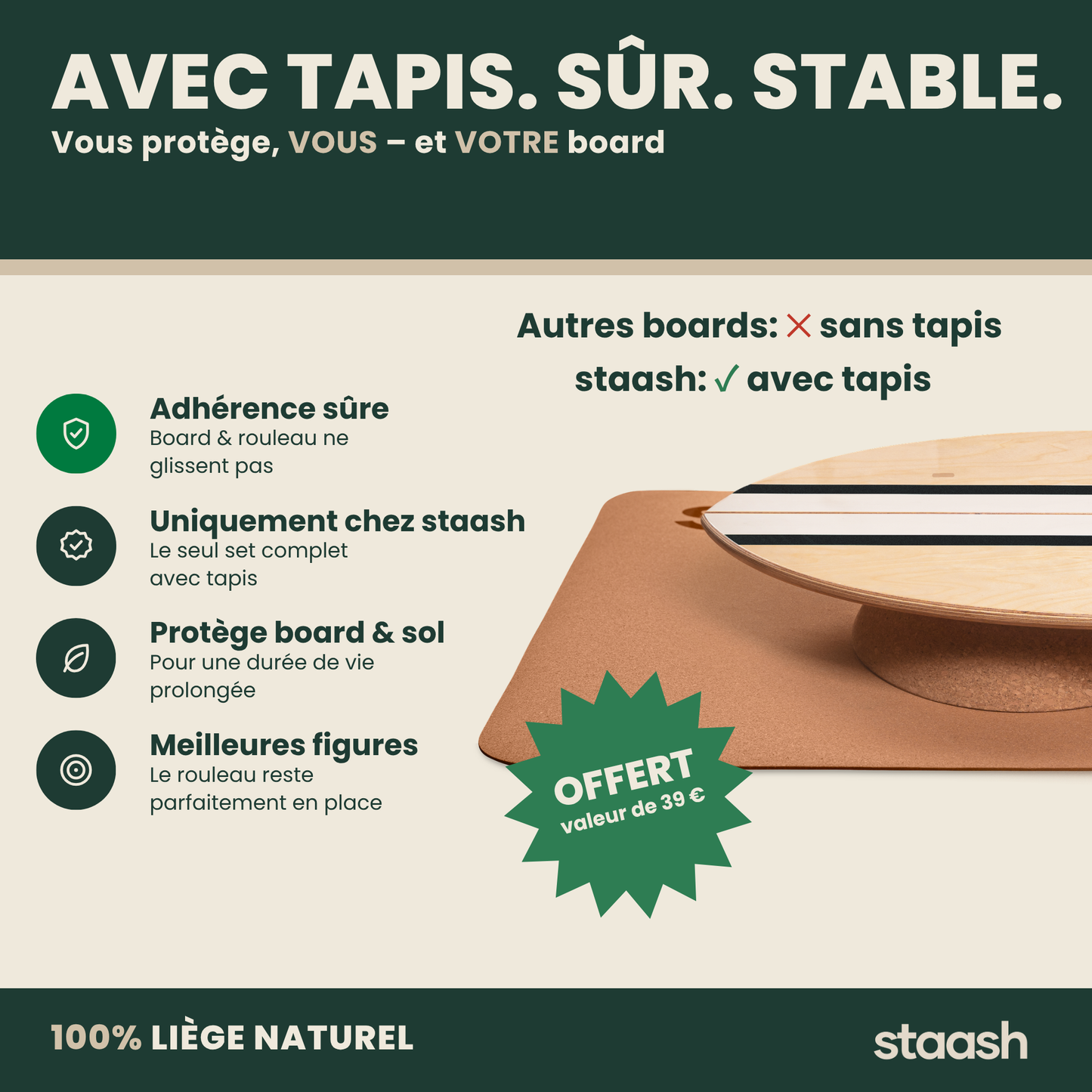 Balance board avec tapis en liège – sûr et stable