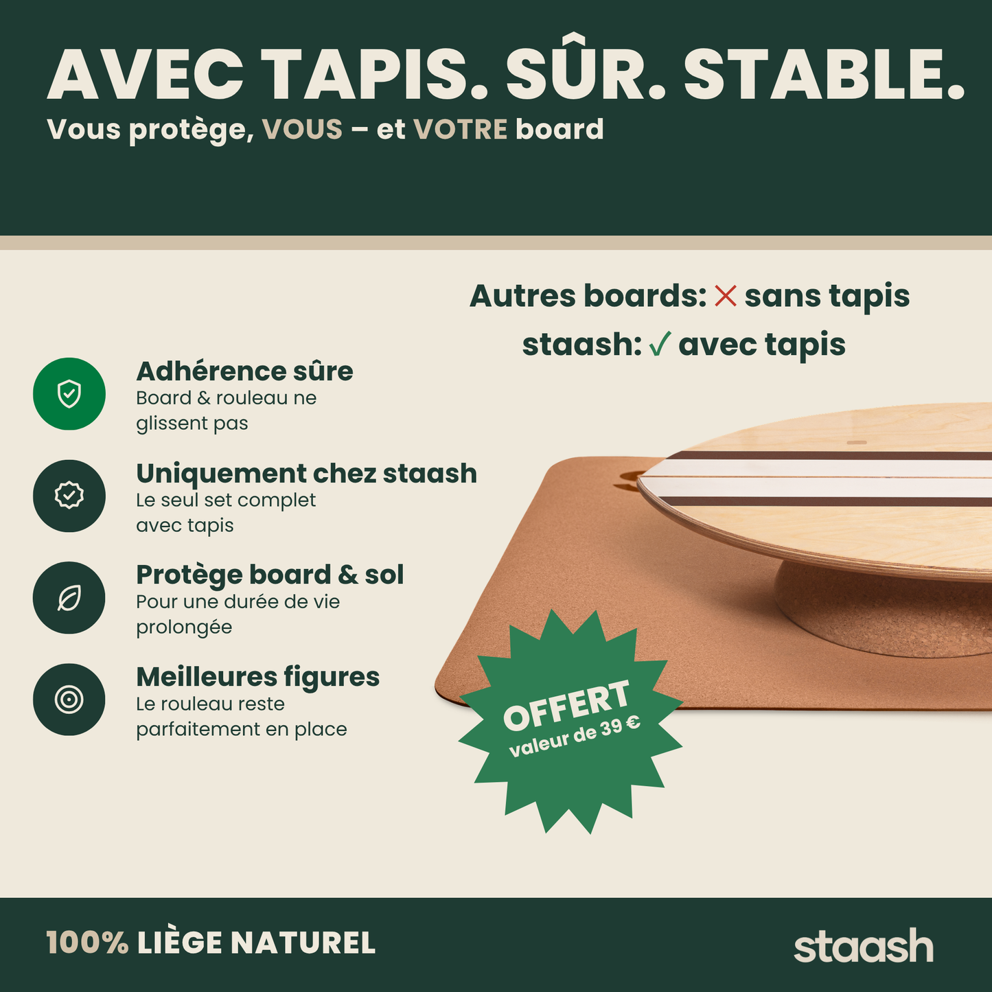 Balance board avec tapis en liège – sûr et stable