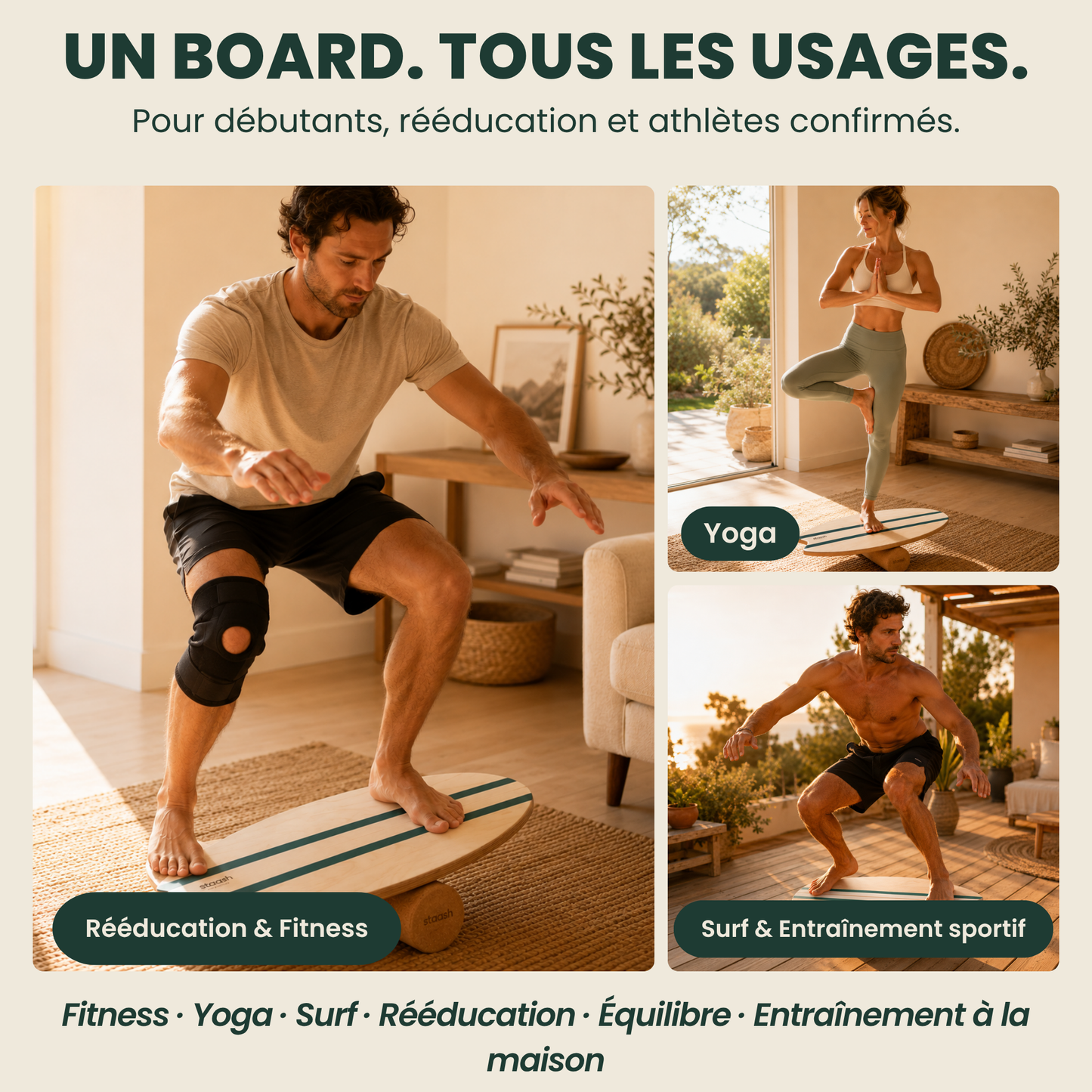 Un board, tous les usages – fitness, yoga, surf, rééducation