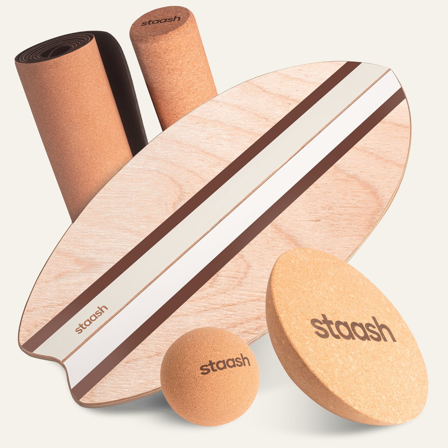 STAASH Balance Board Full Kit Cacao – board, roller, ball & cork mat