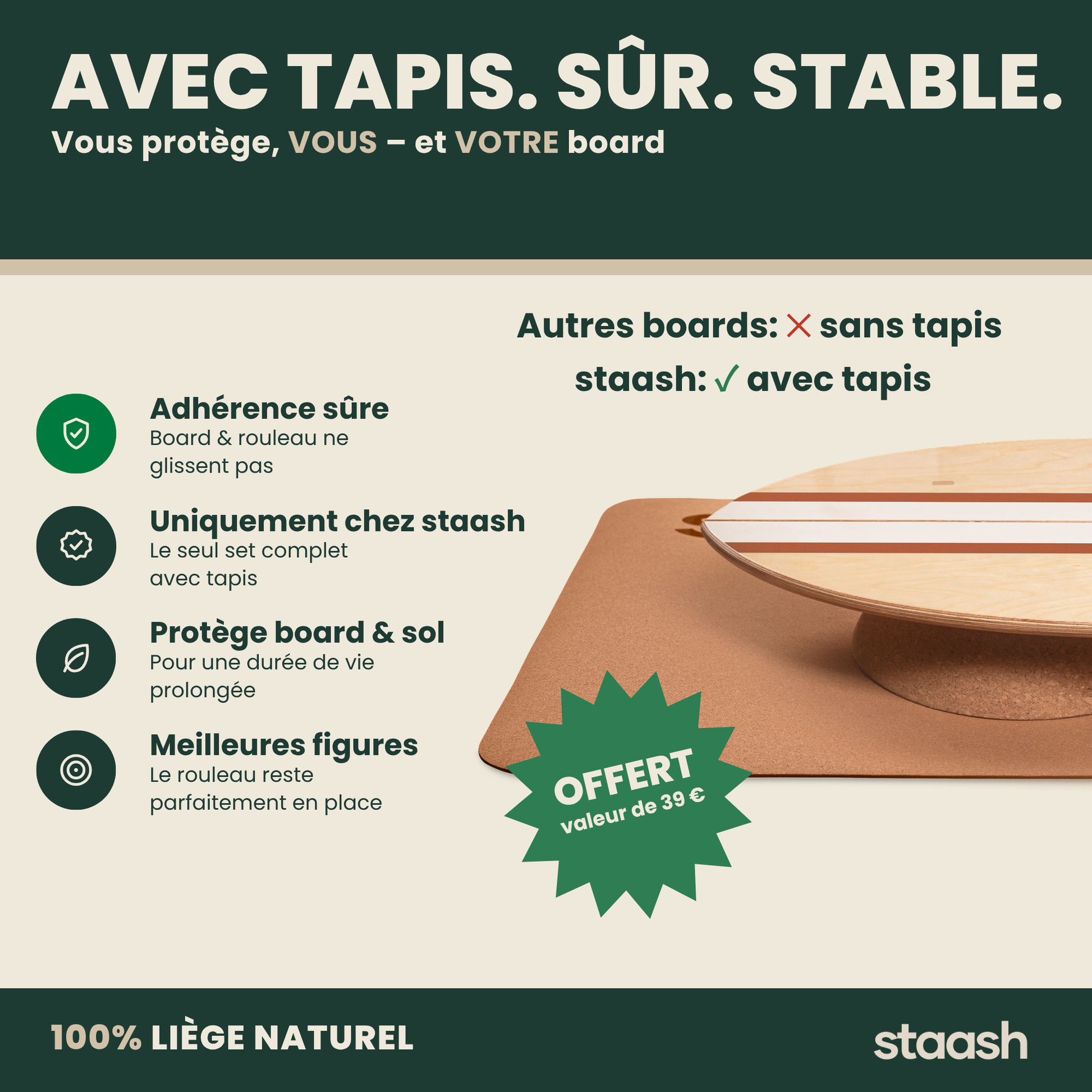 Balance board avec tapis en liège – sûr et stable