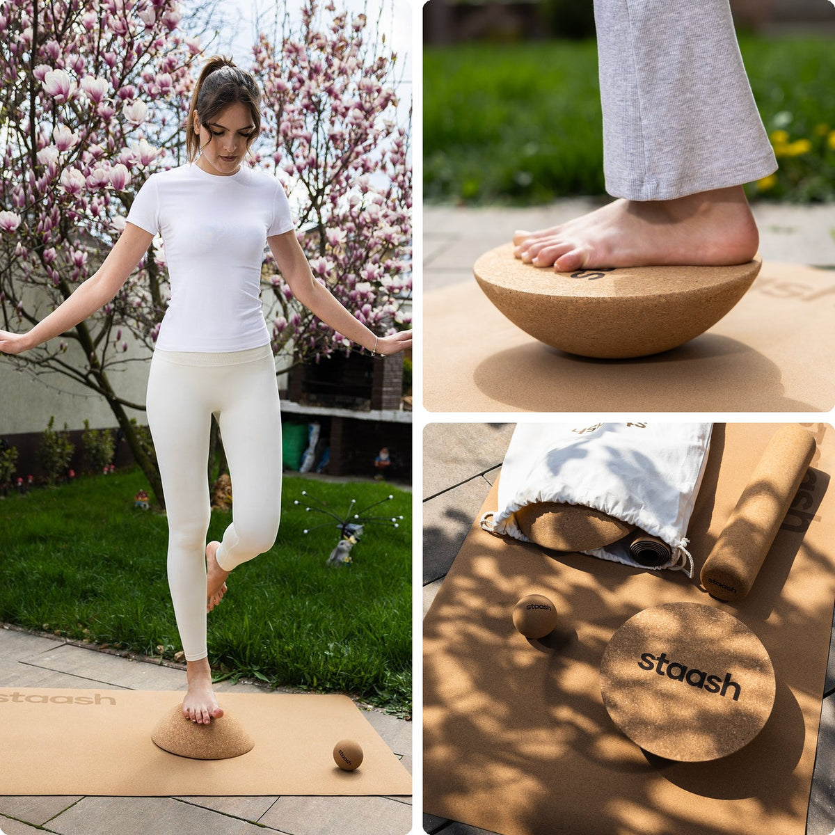 Kit équilibre STAASH : demi-lune en liège, balle, tapis et sac