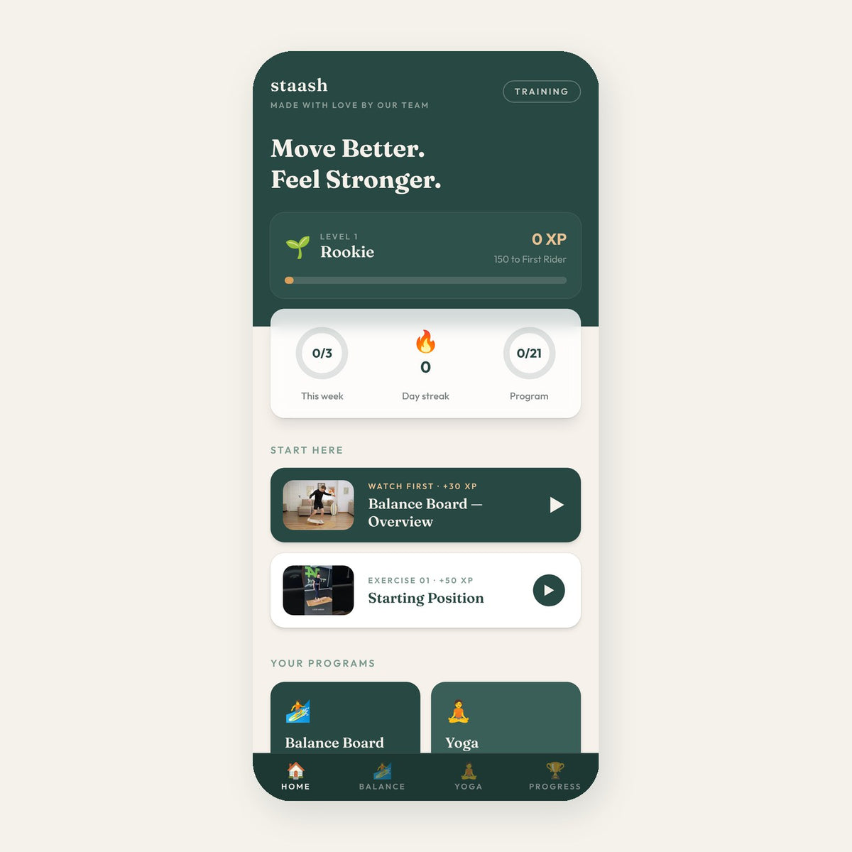 STAASH training app: home screen with level, XP and programs