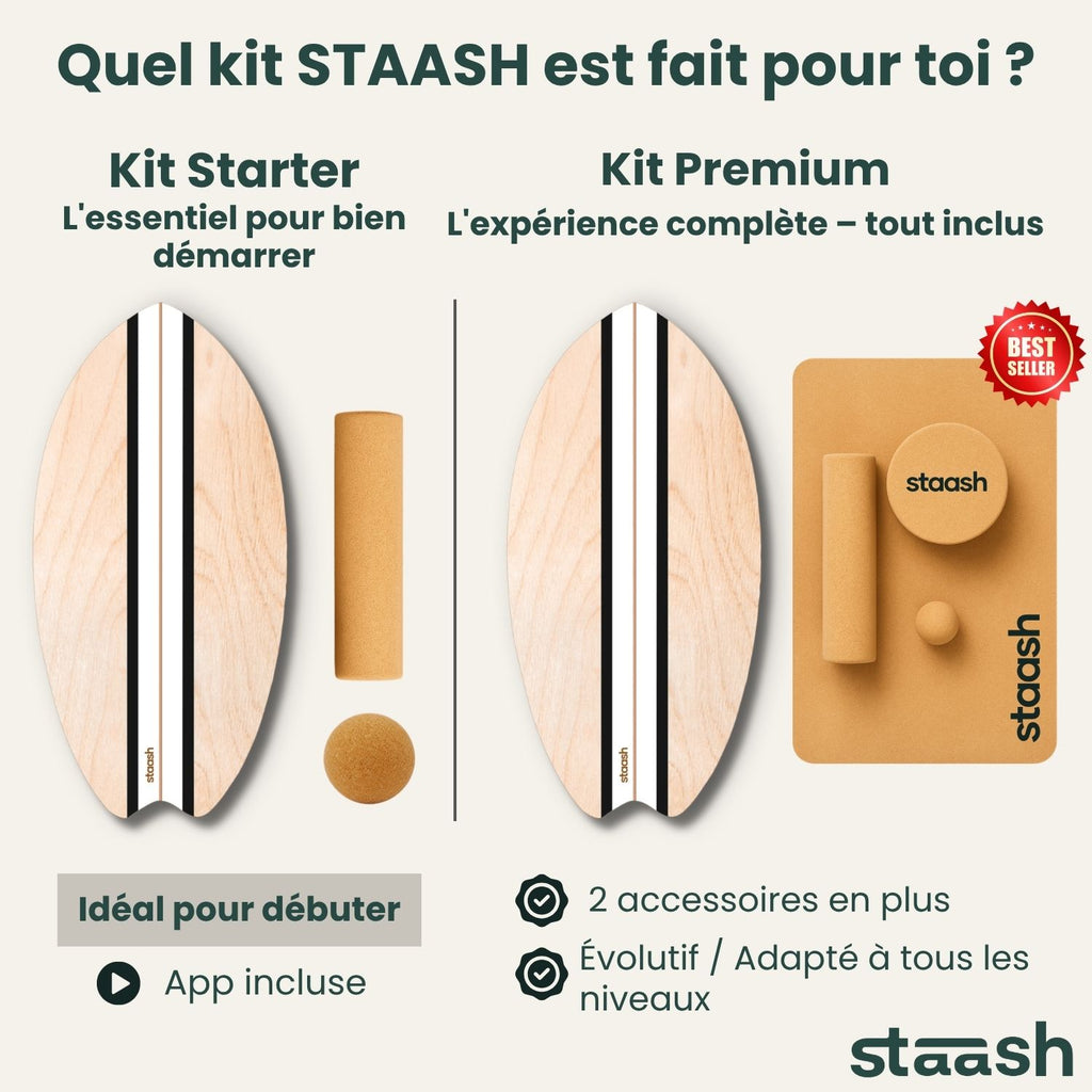 Quel kit STAASH choisir – kit Starter board, rouleau et balle en liège, ou kit Premium avec balle de massage et tapis #locale-fr #color-black