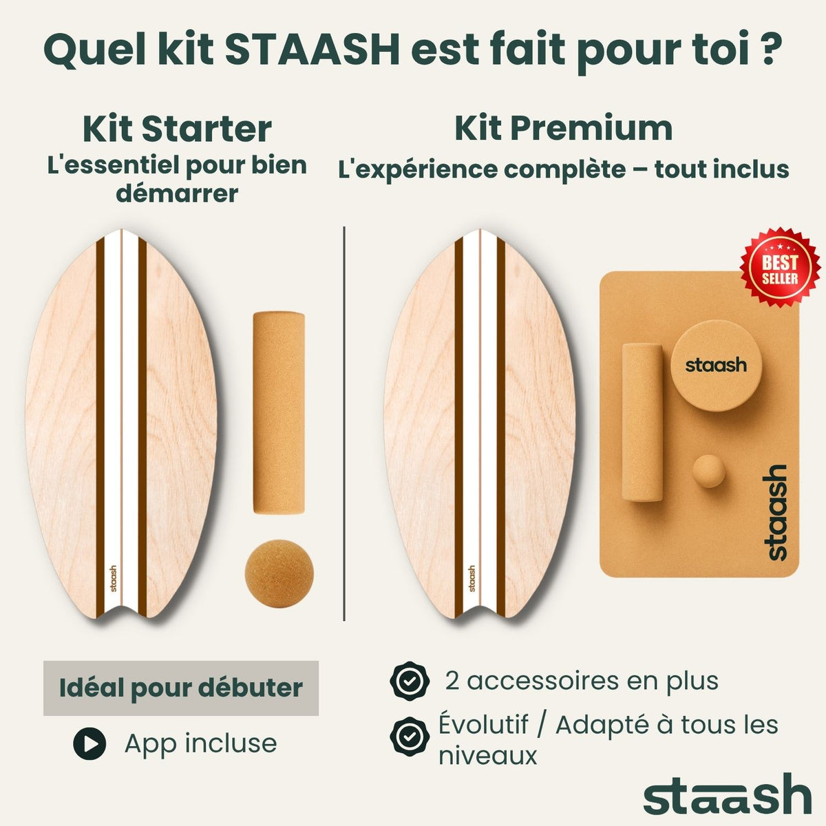 Quel kit STAASH choisir – kit Starter board, rouleau et balle en liège, ou kit Premium avec balle de massage et tapis #locale-fr #color-cacao