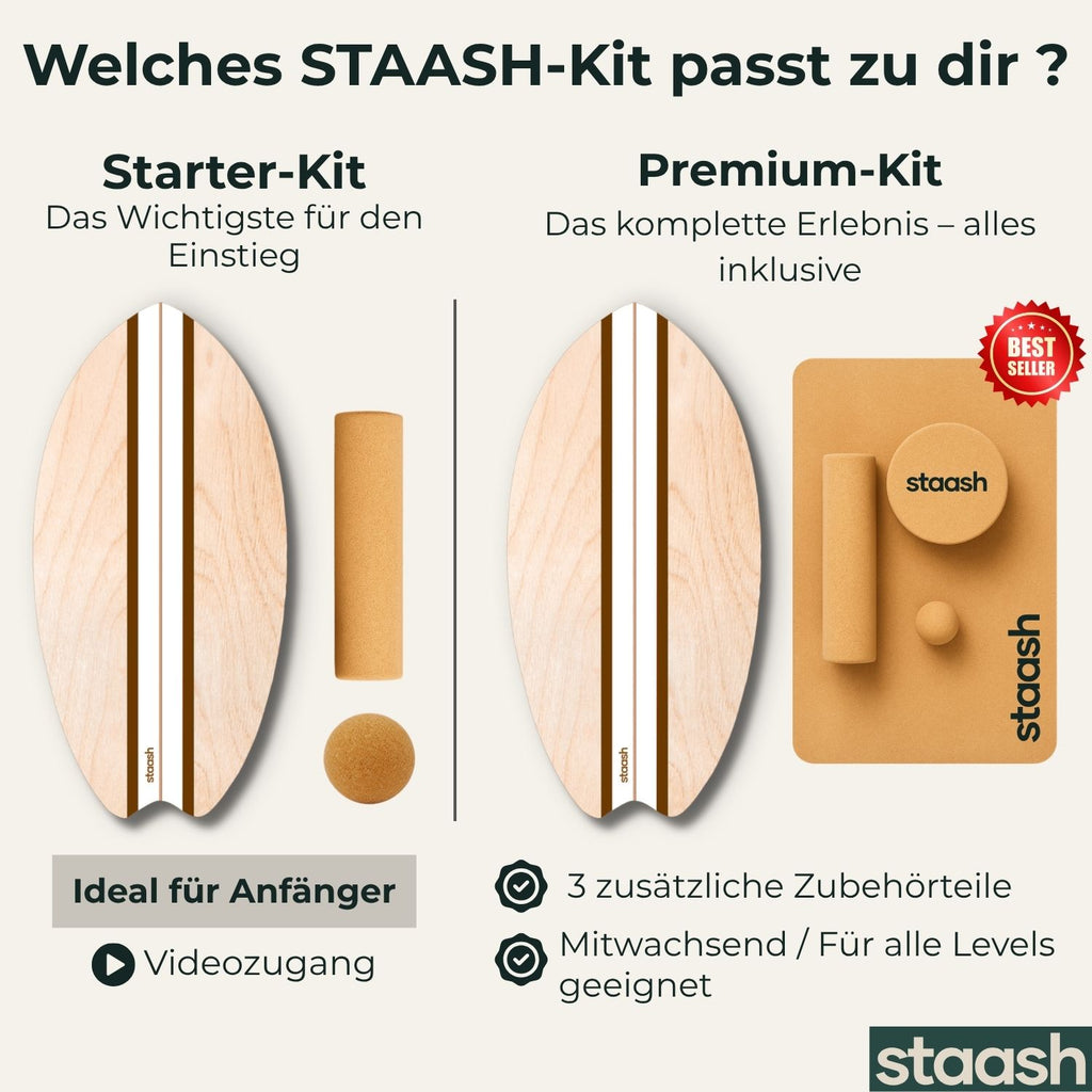 Welches STAASH-Kit passt zu dir – Starter-Kit mit Board, Korkrolle und Ball oder Premium-Kit mit Massageball und Korkmatte #locale-de #color-cacao