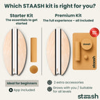 Which STAASH kit is right for you – Starter Kit with board, cork roller and ball, or Premium Kit with massage ball and cork mat #locale-en #color-black
