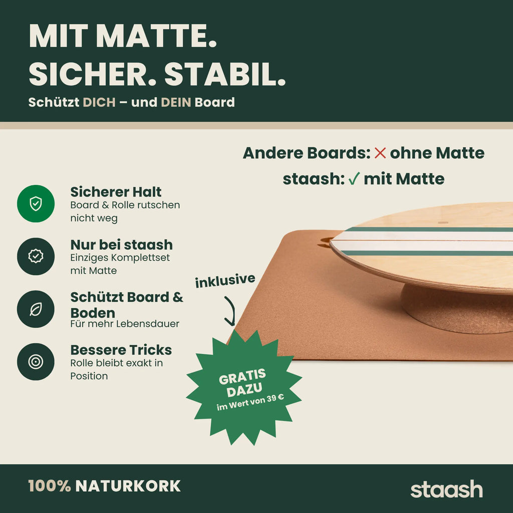 Mit Matte, sicher und stabil – das einzige Komplettset mit gratis Korkmatte #locale-de #color-green
