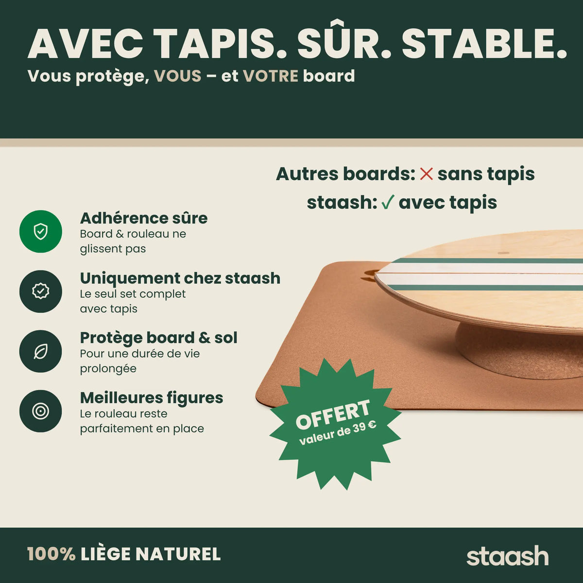 Avec tapis, sûr et stable – le seul set complet avec tapis en liège offert #locale-fr #color-green