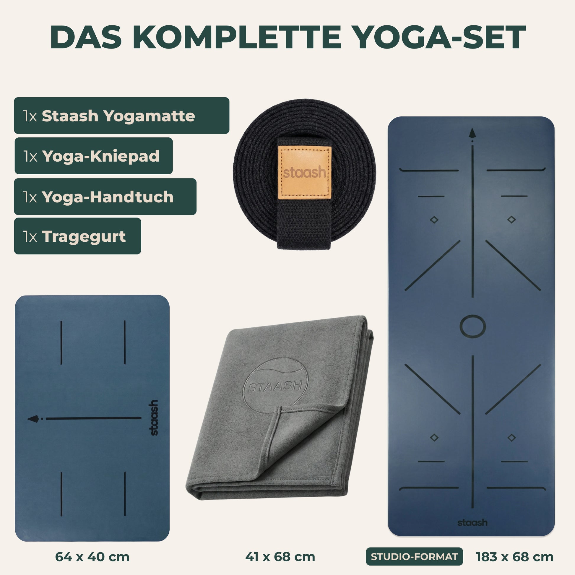 Das komplette Yoga-Set – Matte, Kniepad, Handtuch, Gurt