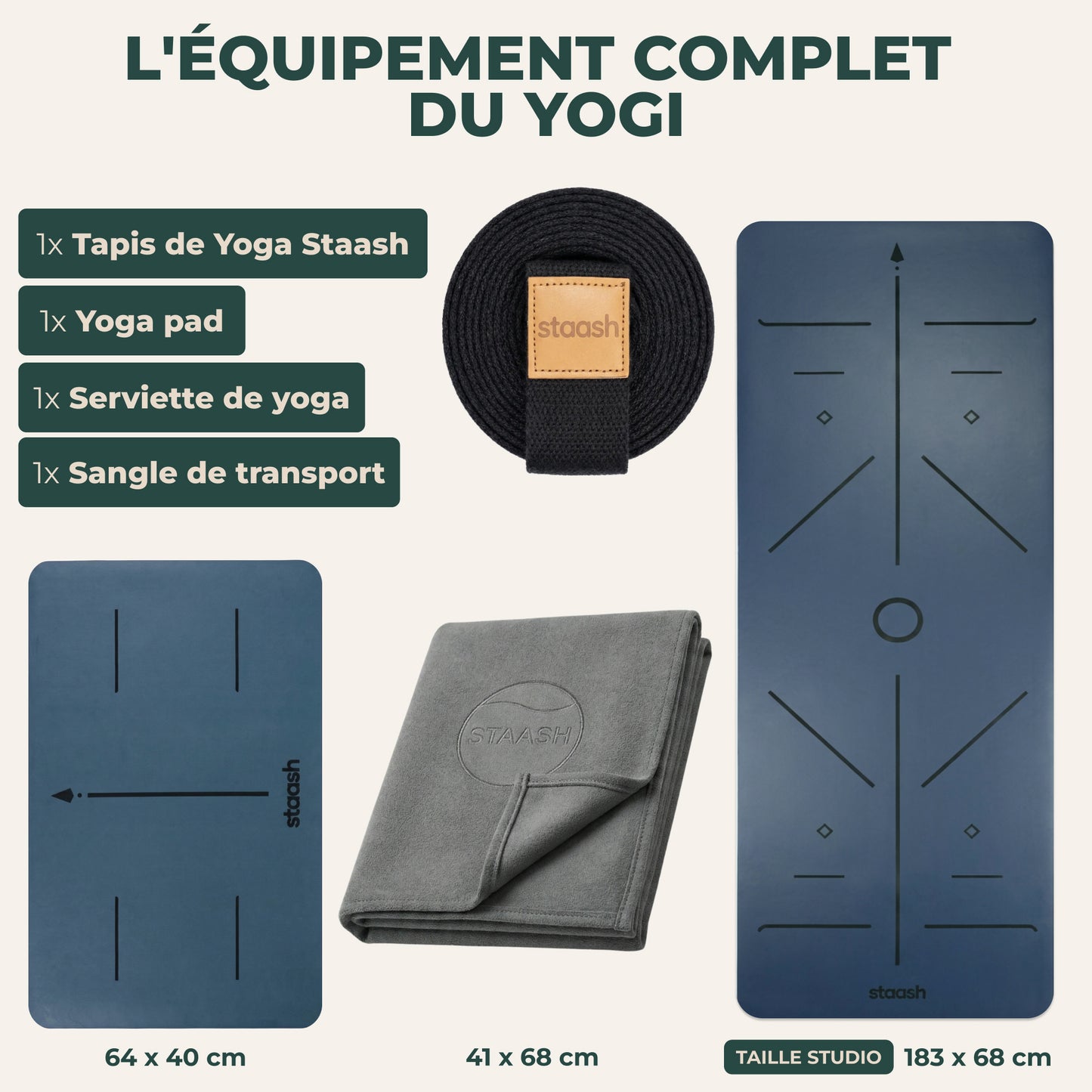 Le set de yoga complet – tapis, genouillère, serviette, sangle