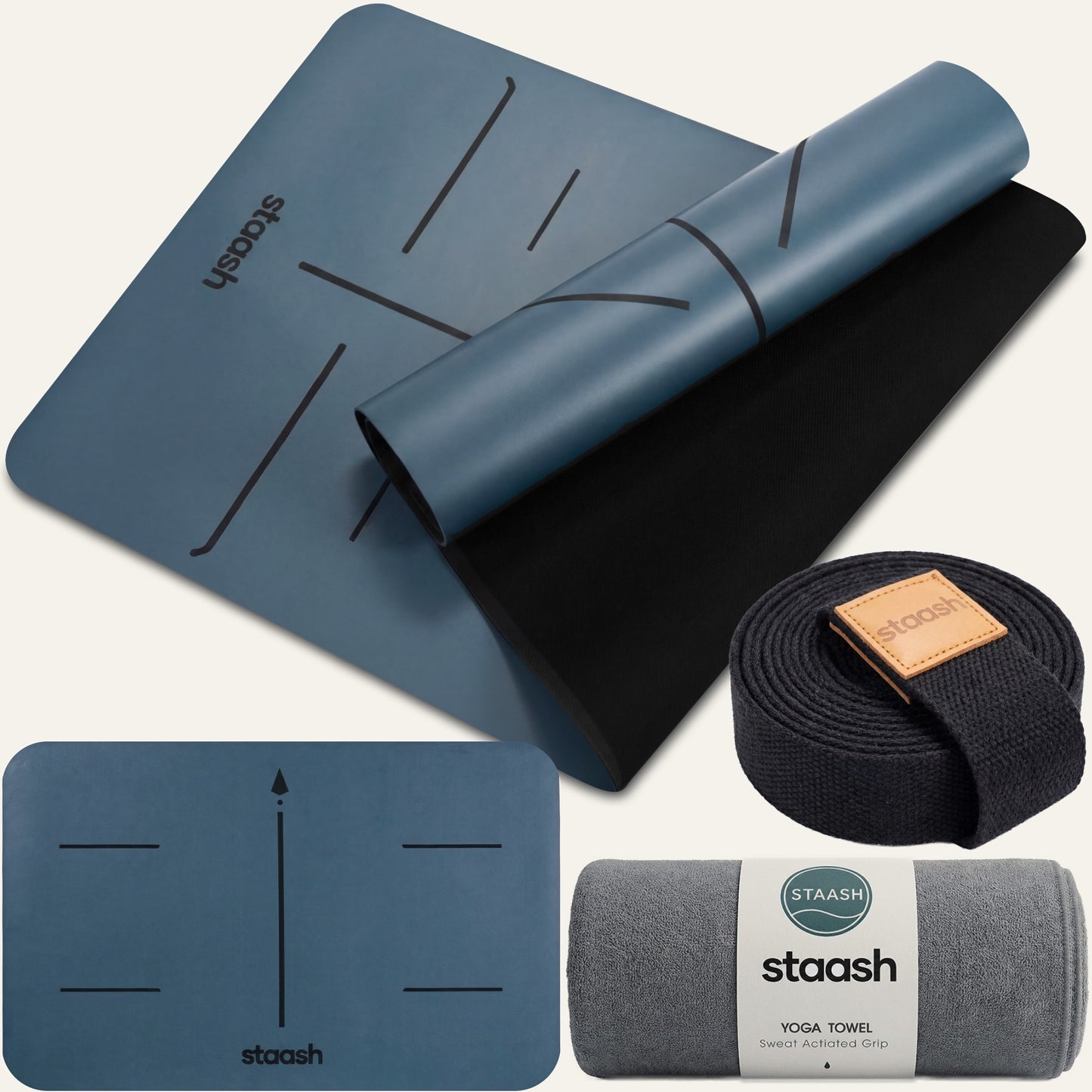 STAASH Premium Yoga Set Pacific Blue – non-slip mat, knee pad, towel & strap