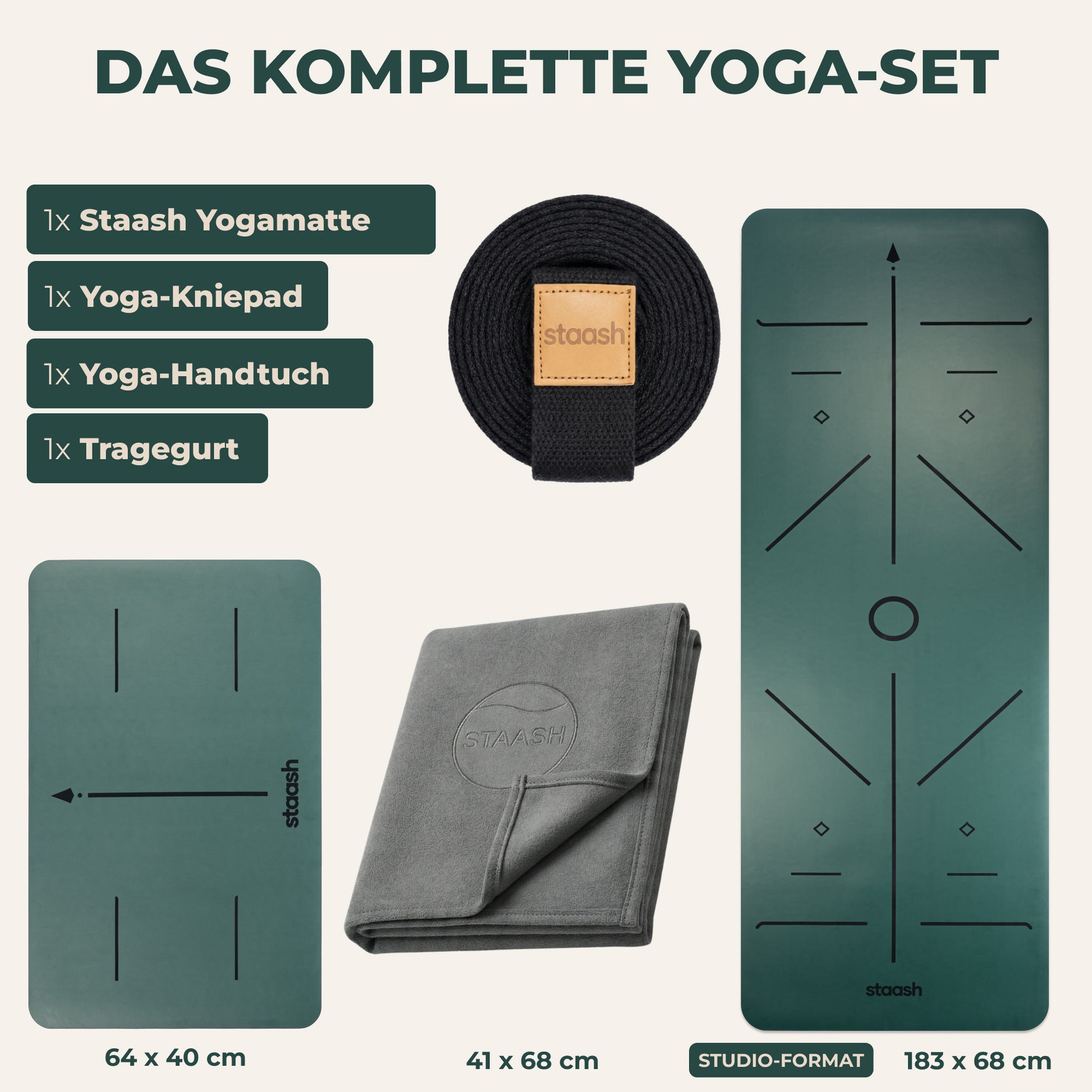 Das komplette Yoga-Set – Matte, Kniepad, Handtuch, Gurt