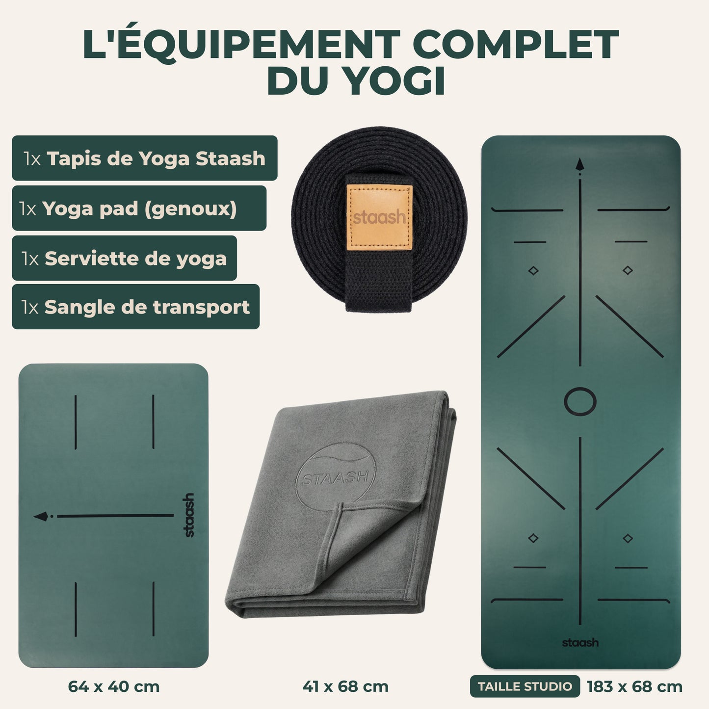 Le set de yoga complet – tapis, genouillère, serviette, sangle