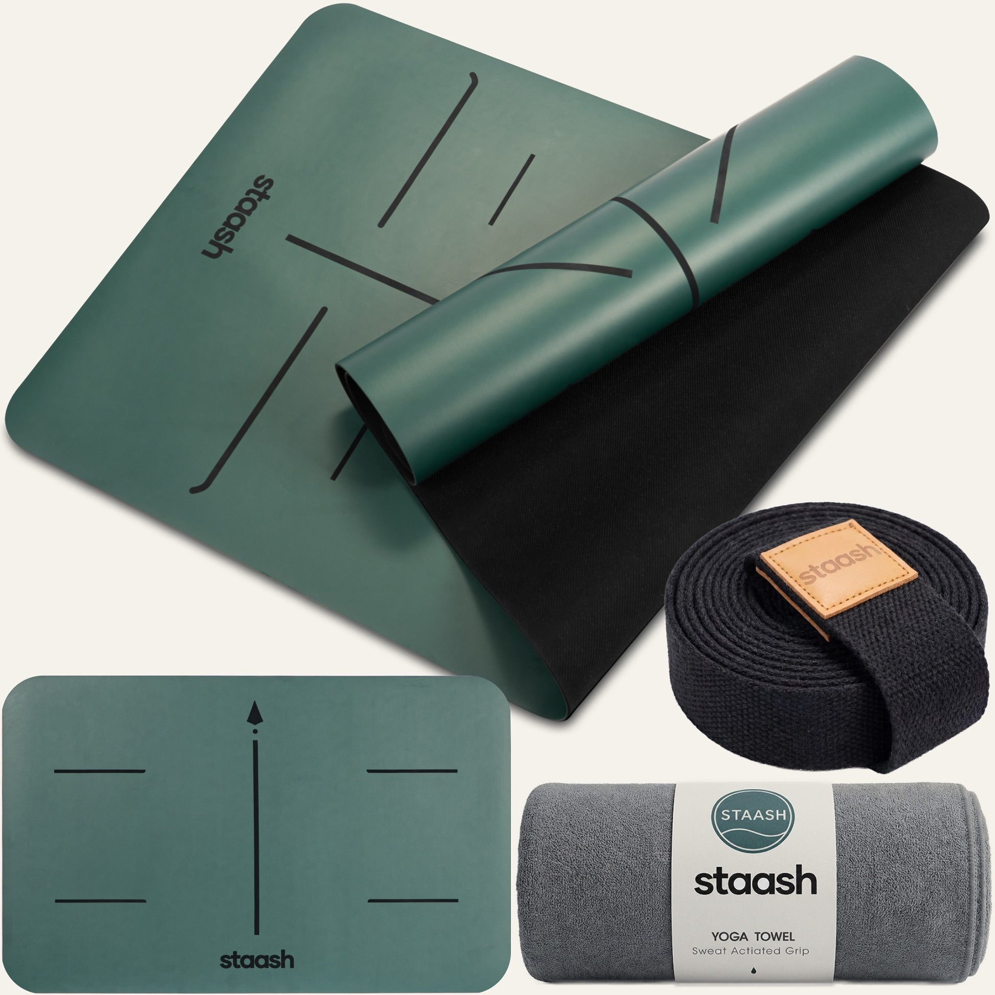 STAASH Premium Yoga Set Forest Green – non-slip mat, knee pad, towel & strap