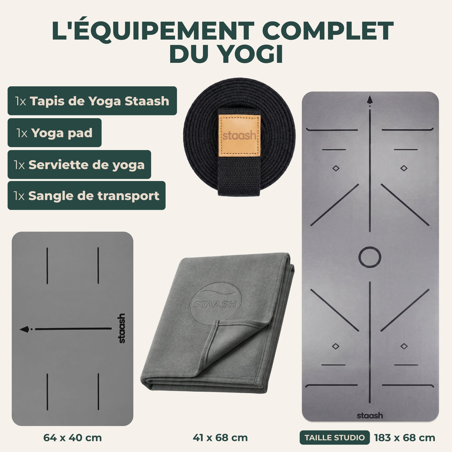 Le set de yoga complet – tapis, genouillère, serviette, sangle