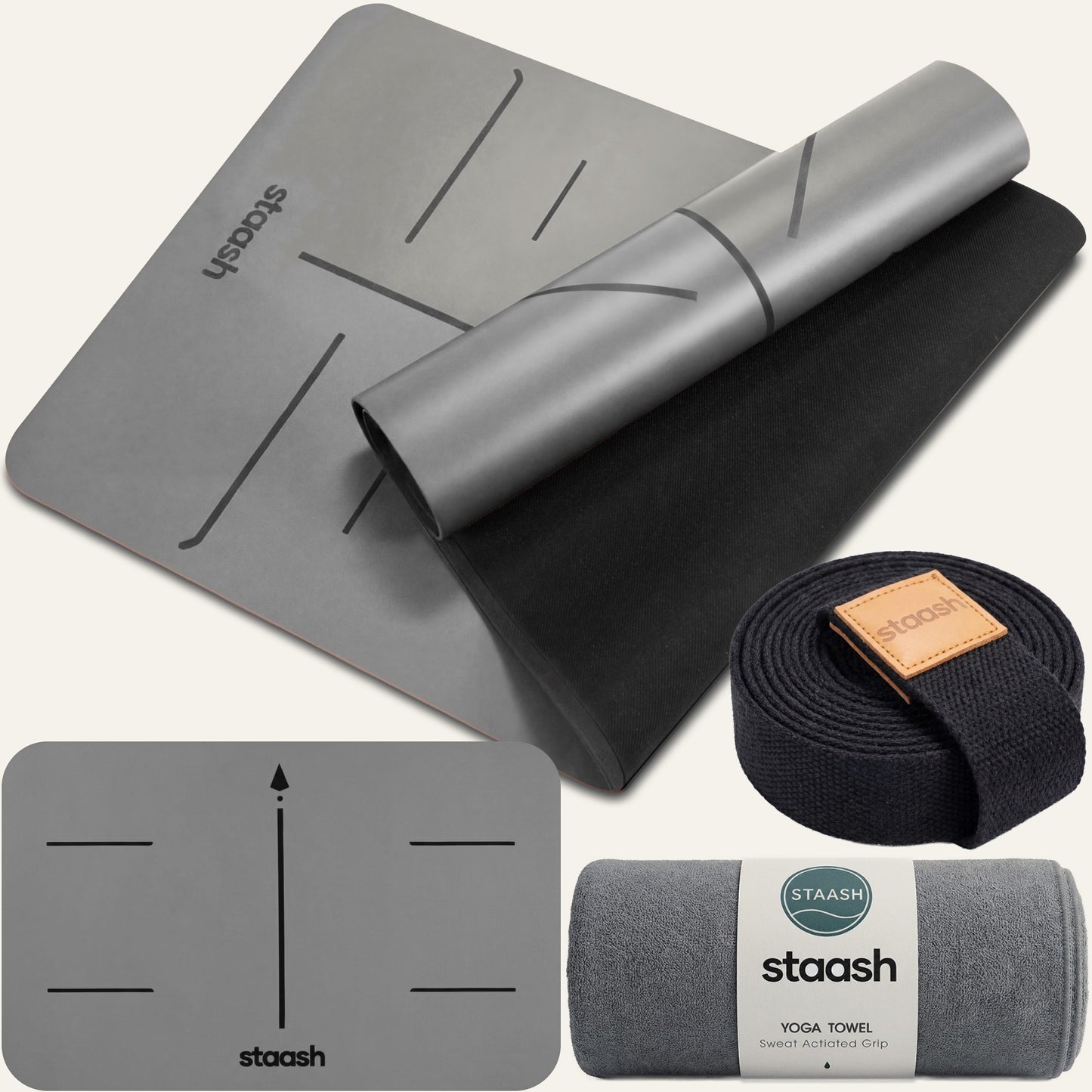 STAASH Premium Yoga Set Stone Gray – non-slip mat, knee pad, towel & strap