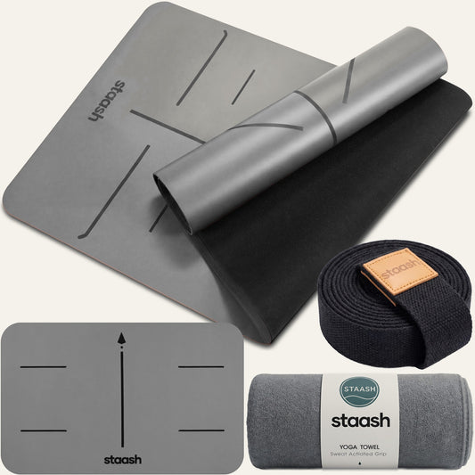 STAASH Premium Yoga Set Stone Gray – non-slip mat, knee pad, towel & strap