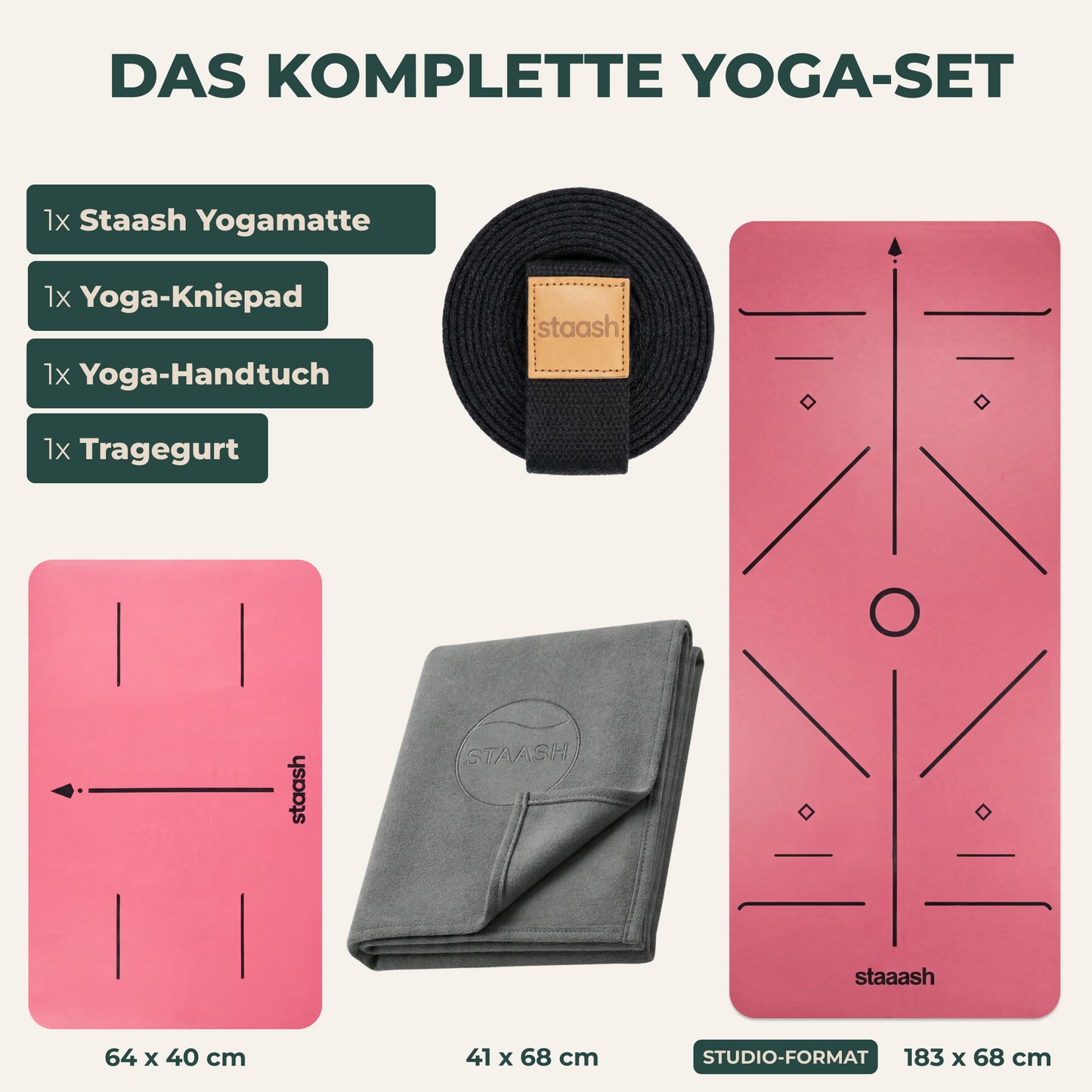 Das komplette Yoga-Set – Matte, Kniepad, Handtuch, Gurt