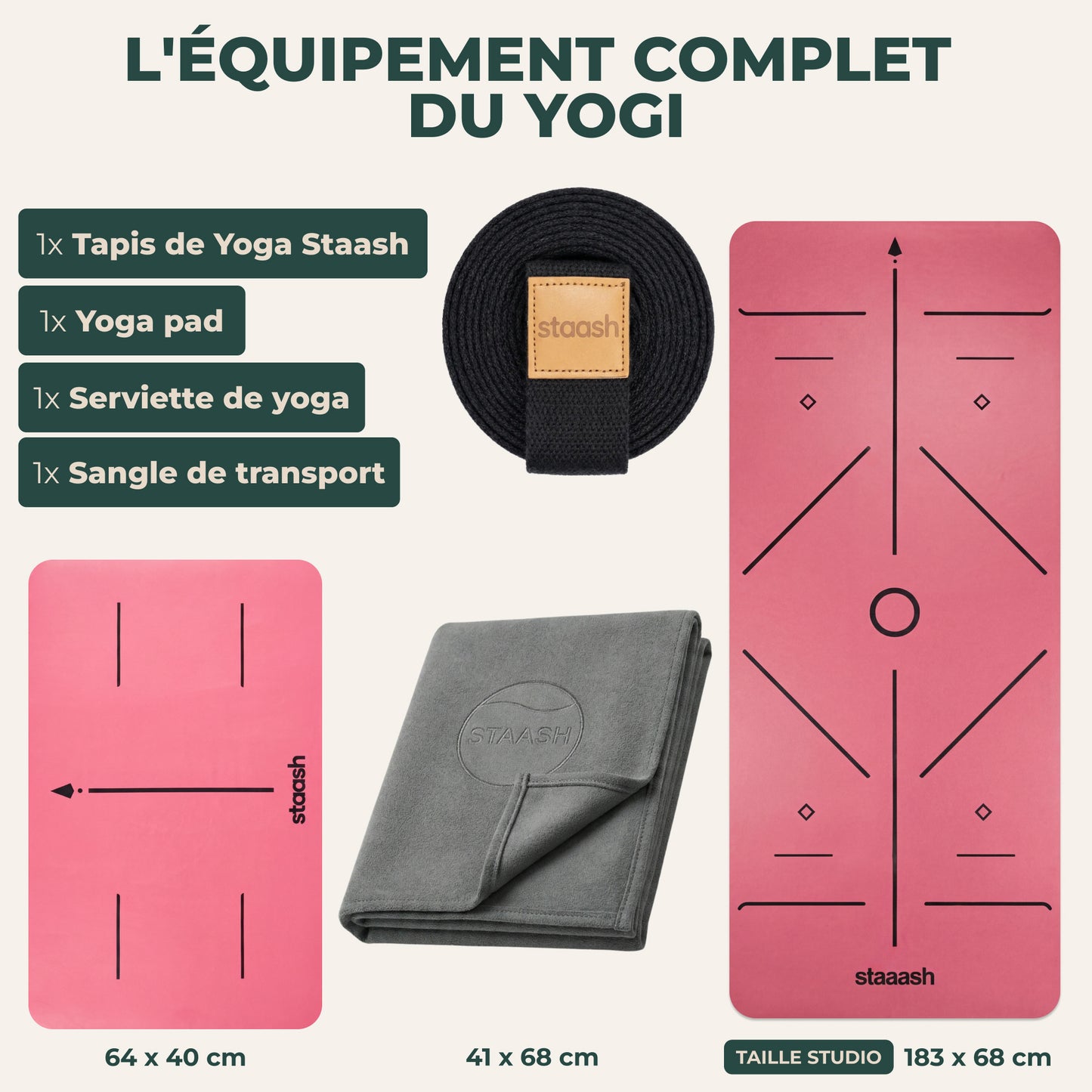 Le set de yoga complet – tapis, genouillère, serviette, sangle