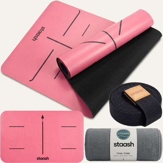 STAASH Premium Yoga Set Fuchsia – non-slip mat, knee pad, towel & strap