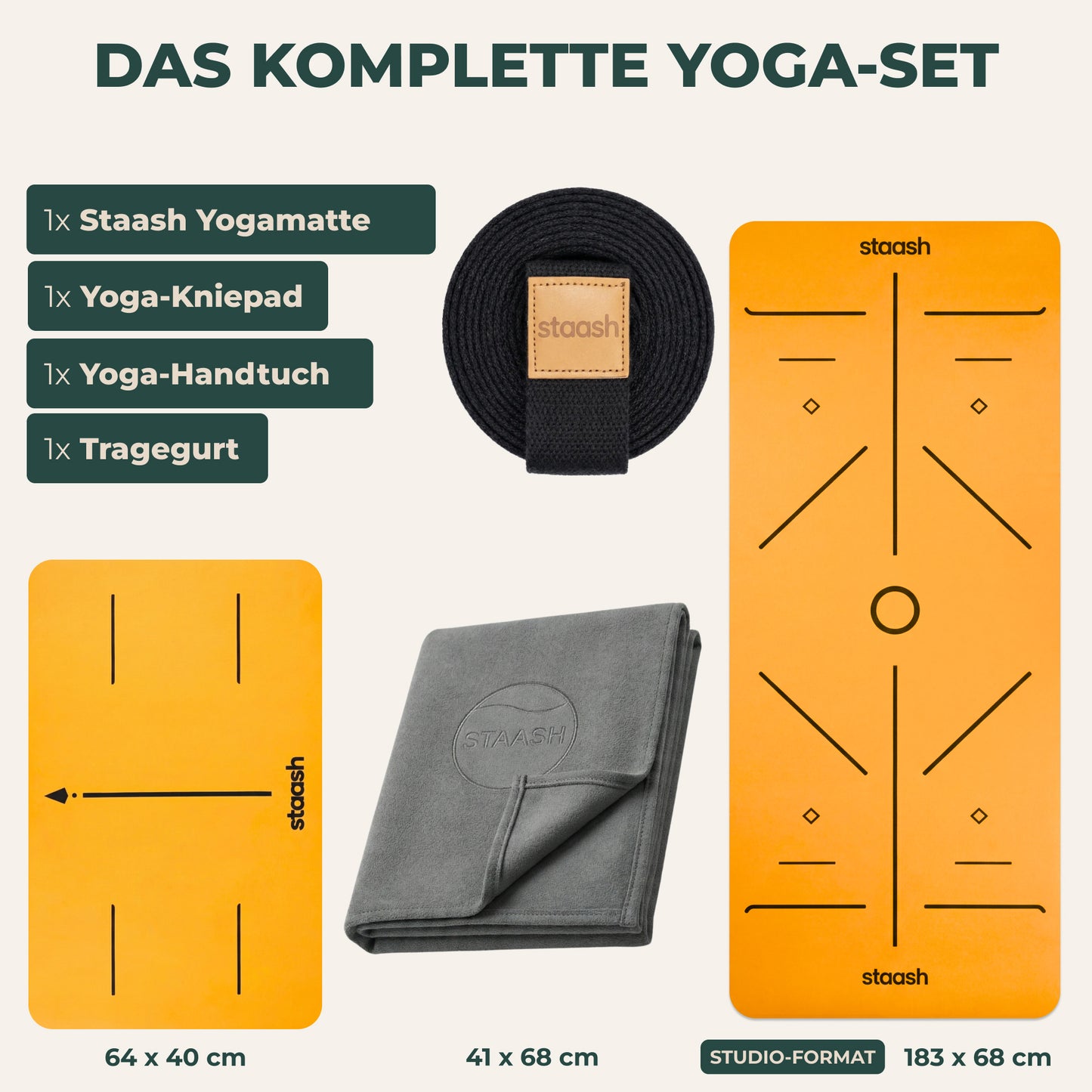 Das komplette Yoga-Set – Matte, Kniepad, Handtuch, Gurt