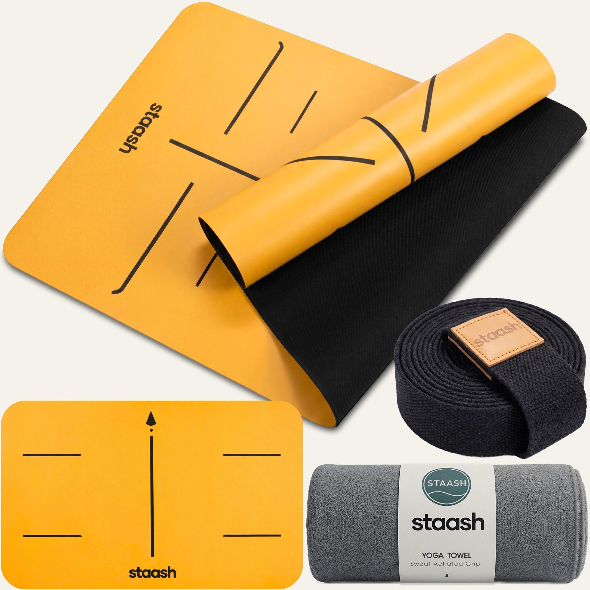 STAASH Premium Yoga Set Saffron – non-slip mat, knee pad, towel & strap